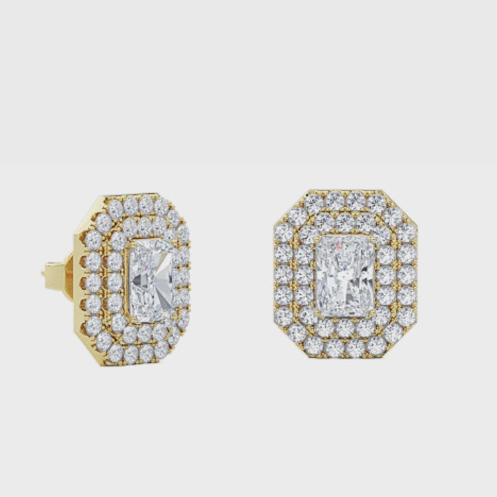 Radiant cut double halo Art Deco lab grown diamond stud earrings for women