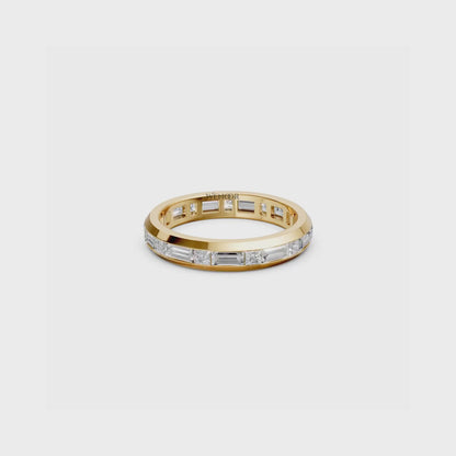 Princess and baguette cut Lab Grown diamond eternity ring in yellow gold